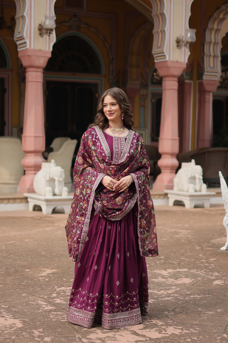 Chinon Wine Gown with Sequins Embroidered Work & Kalamkari Silk Dupatta – Stunning Full-Sleeve Flair