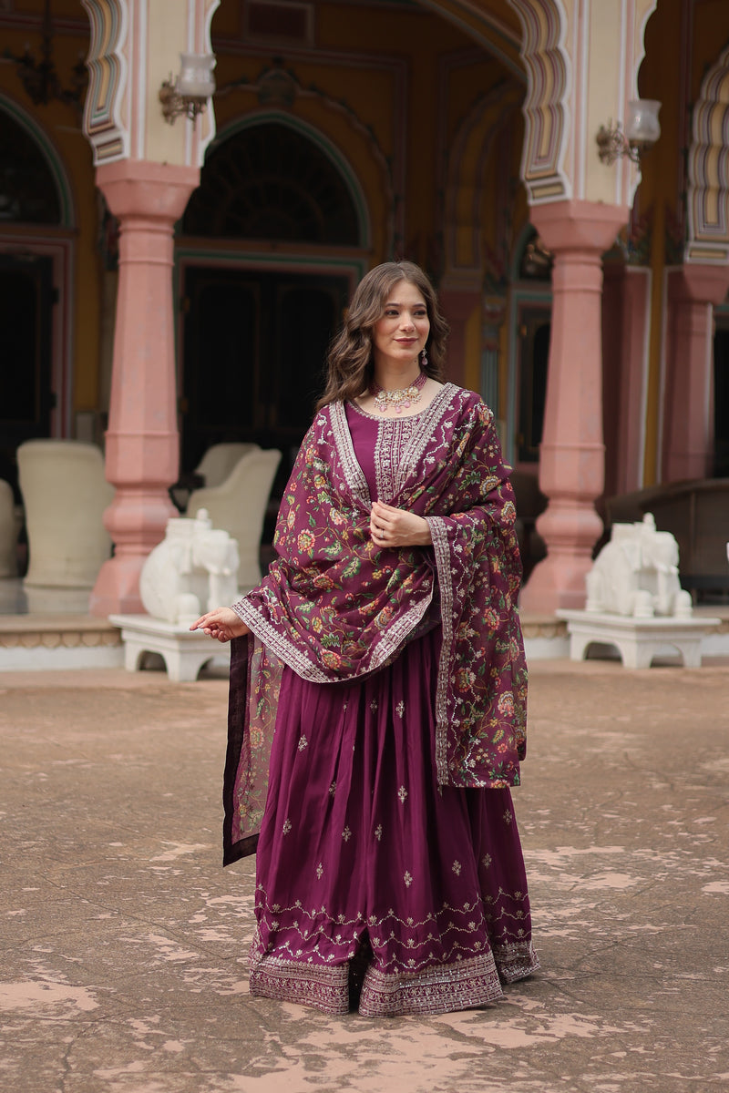 Chinon Wine Gown with Sequins Embroidered Work & Kalamkari Silk Dupatta – Stunning Full-Sleeve Flair