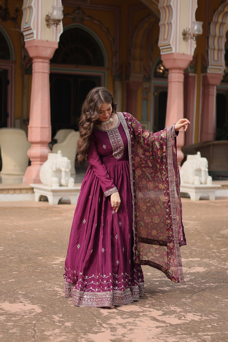 Chinon Wine Gown with Sequins Embroidered Work & Kalamkari Silk Dupatta – Stunning Full-Sleeve Flair