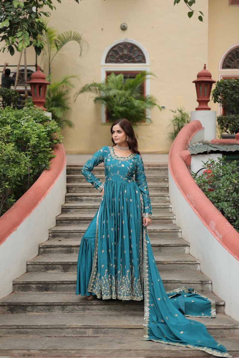 Chinon Rama Top with Sequins Embroidered Sharara & Dupatta – Elegant Full-Sleeve Set