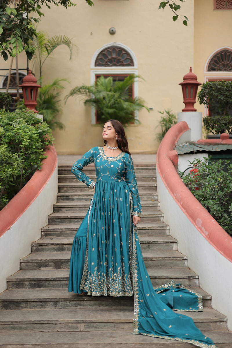 Chinon Rama Top with Sequins Embroidered Sharara & Dupatta – Elegant Full-Sleeve Set