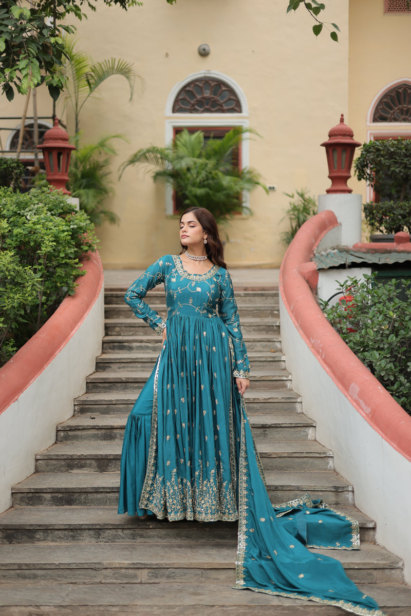 Chinon Rama Top with Sequins Embroidered Sharara & Dupatta – Elegant Full-Sleeve Set