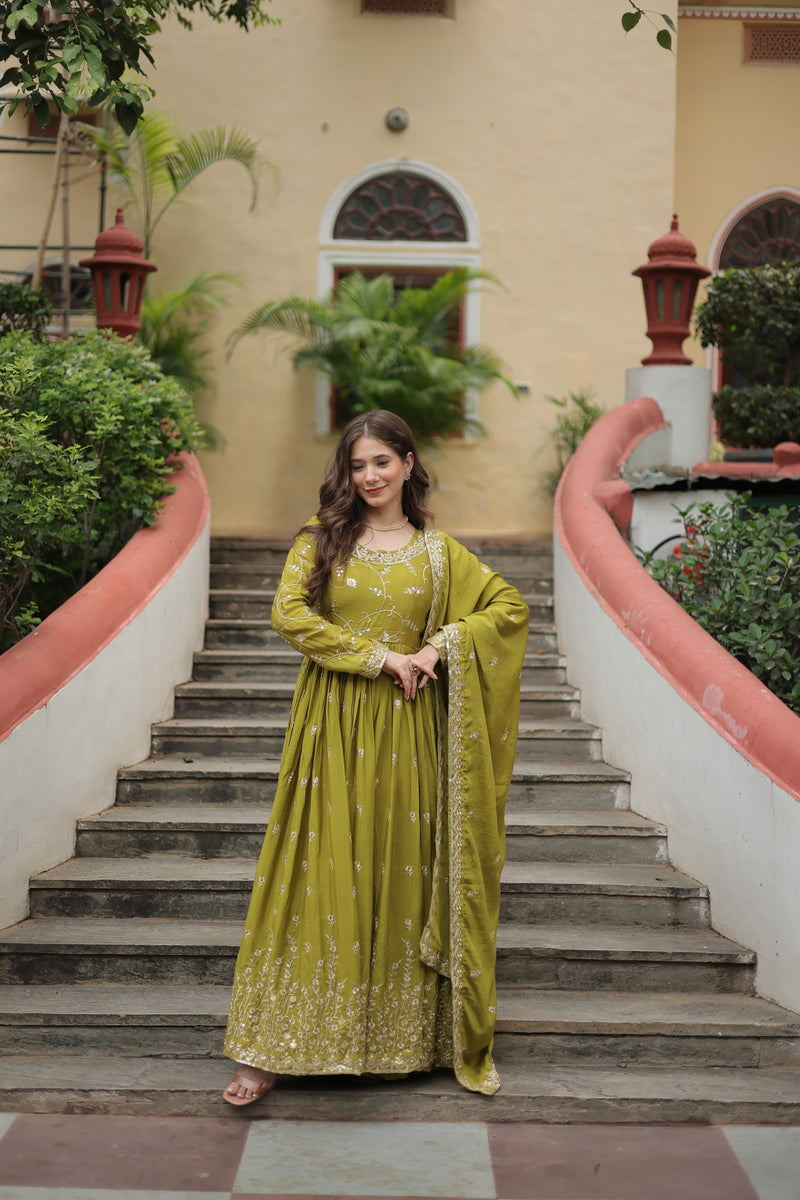 Chinon Parrot Top with Sequins Embroidered Sharara & Dupatta – Elegant Full-Sleeve Set