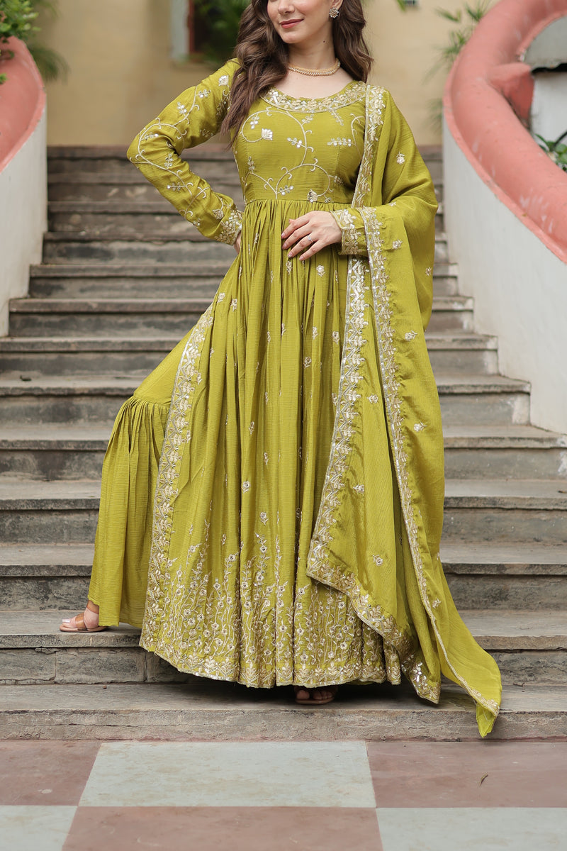 Chinon Parrot Top with Sequins Embroidered Sharara & Dupatta – Elegant Full-Sleeve Set