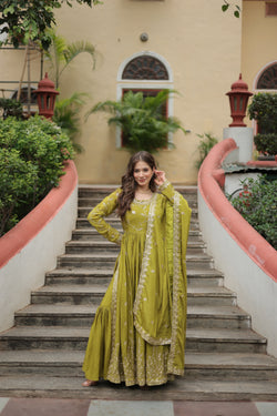 Chinon Parrot Top with Sequins Embroidered Sharara & Dupatta – Elegant Full-Sleeve Set