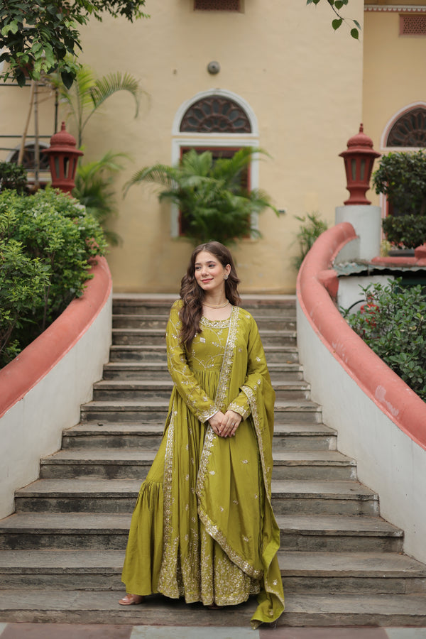 Chinon Parrot Top with Sequins Embroidered Sharara & Dupatta – Elegant Full-Sleeve Set