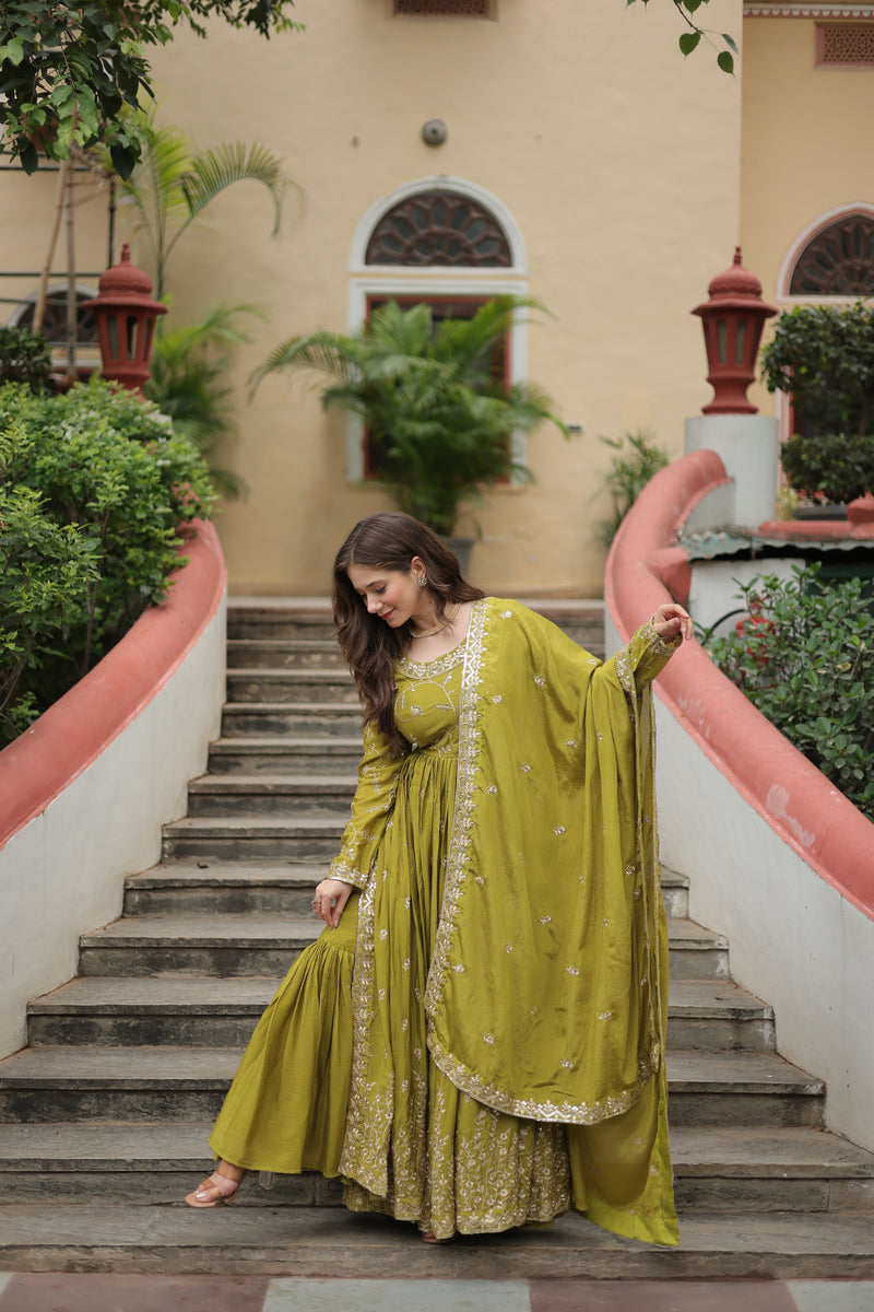 Chinon Parrot Top with Sequins Embroidered Sharara & Dupatta – Elegant Full-Sleeve Set