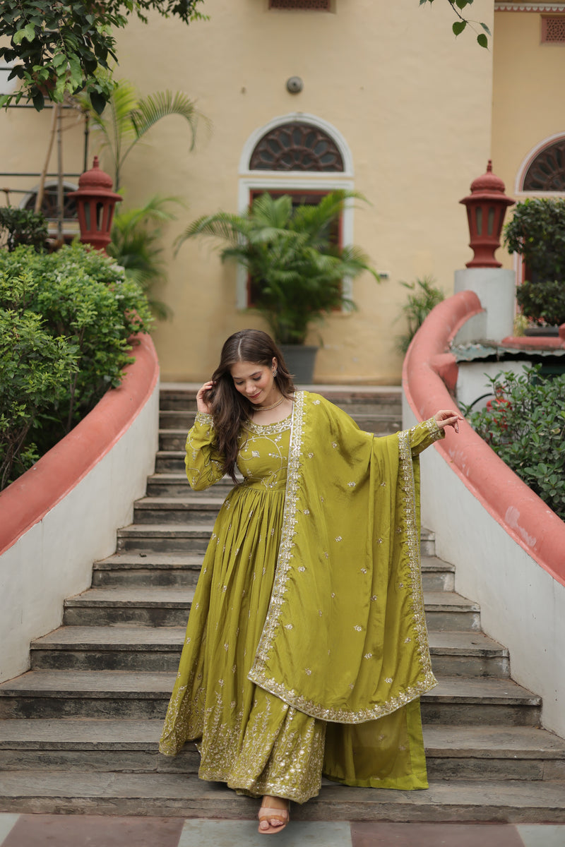 Chinon Parrot Top with Sequins Embroidered Sharara & Dupatta – Elegant Full-Sleeve Set