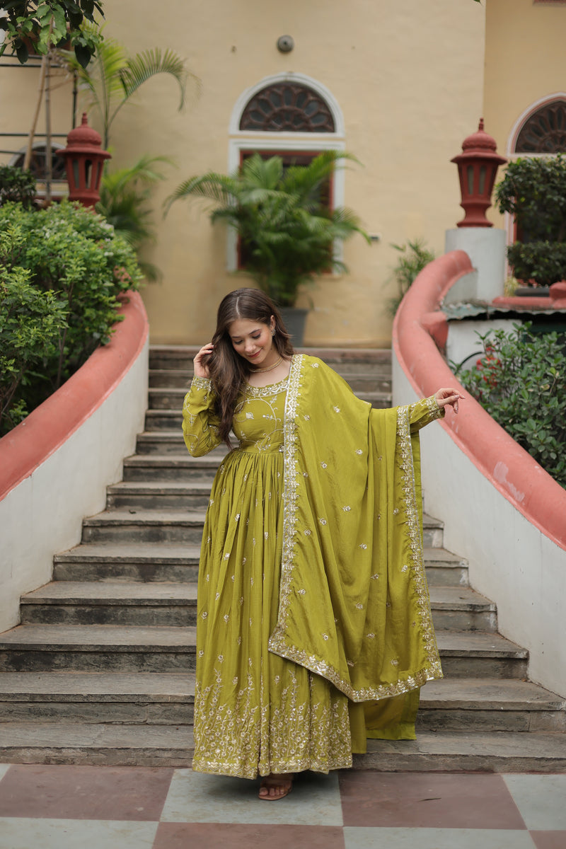 Chinon Parrot Top with Sequins Embroidered Sharara & Dupatta – Elegant Full-Sleeve Set