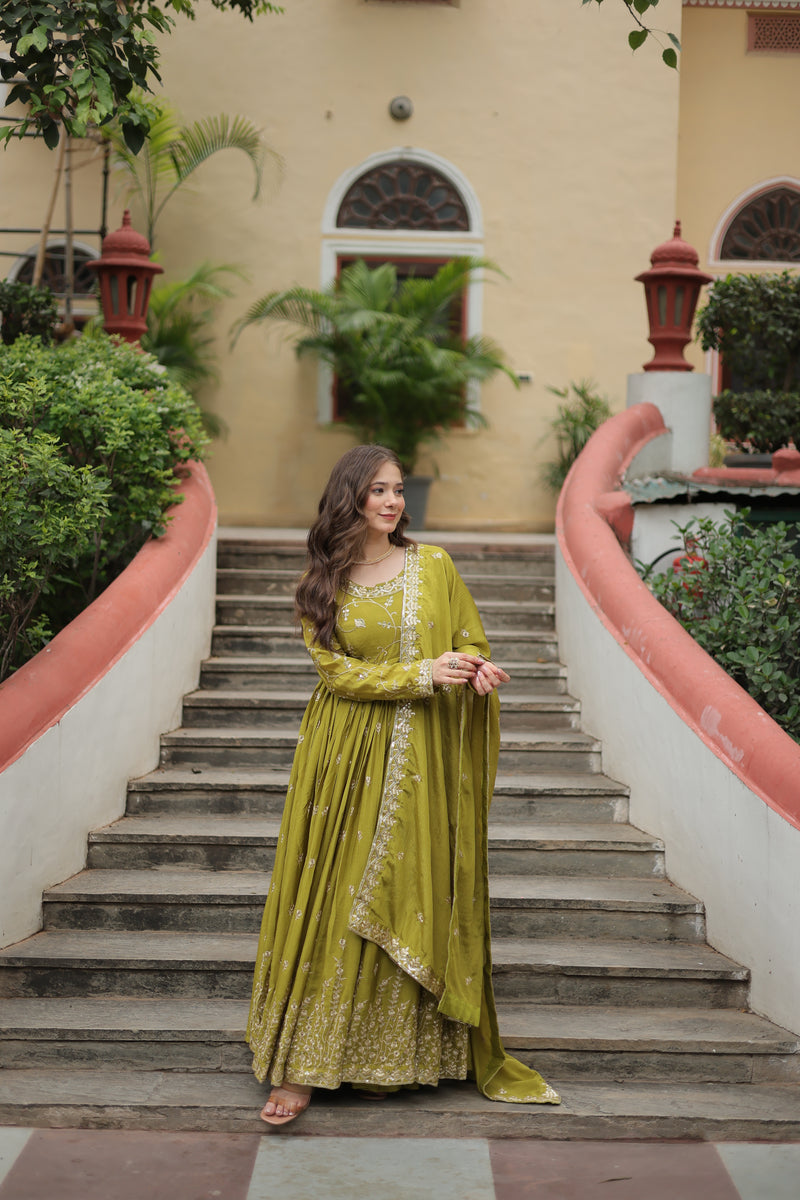 Chinon Parrot Top with Sequins Embroidered Sharara & Dupatta – Elegant Full-Sleeve Set