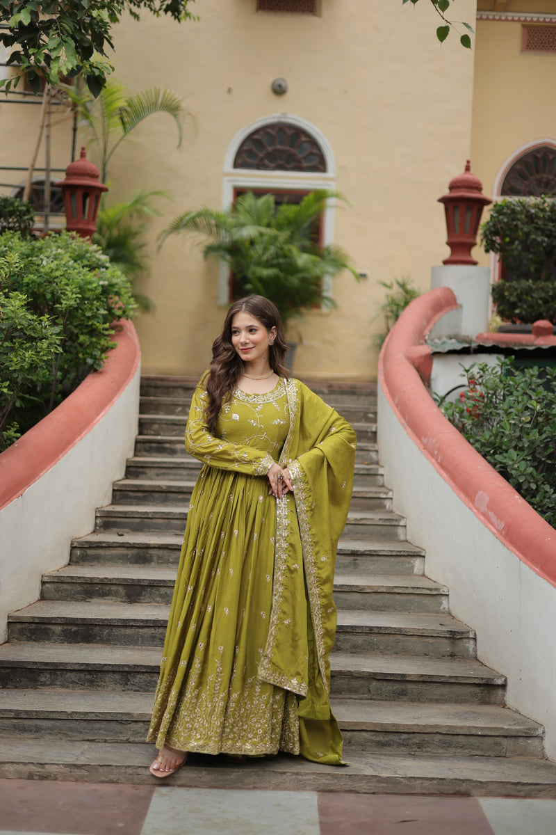 Chinon Parrot Top with Sequins Embroidered Sharara & Dupatta – Elegant Full-Sleeve Set