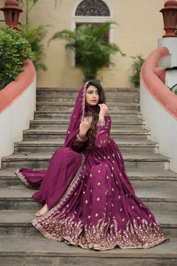 Chinon Wine Top with Sequins Embroidered Sharara & Dupatta – Elegant Full-Sleeve Set