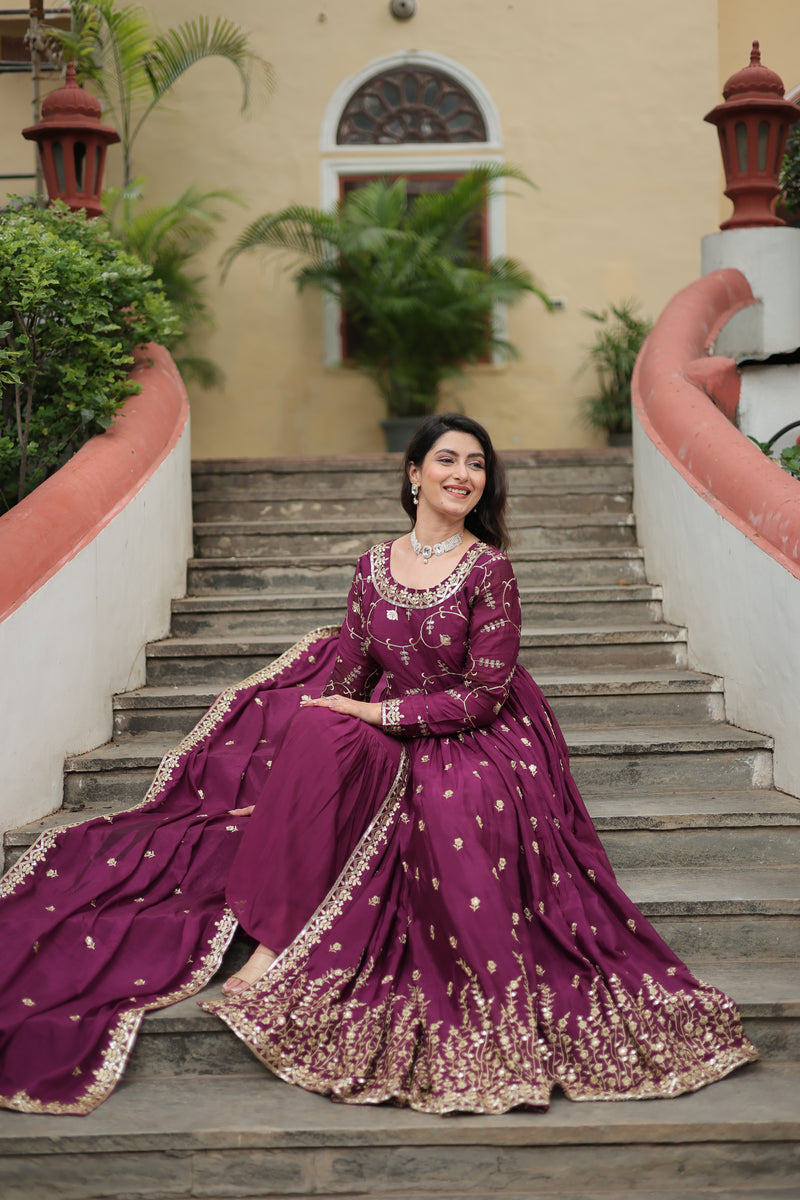 Chinon Wine Top with Sequins Embroidered Sharara & Dupatta – Elegant Full-Sleeve Set