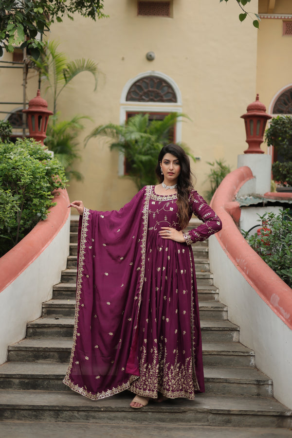 Chinon Wine Top with Sequins Embroidered Sharara & Dupatta – Elegant Full-Sleeve Set