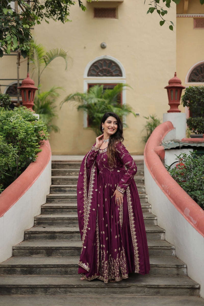 Chinon Wine Top with Sequins Embroidered Sharara & Dupatta – Elegant Full-Sleeve Set