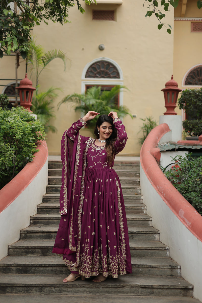 Chinon Wine Top with Sequins Embroidered Sharara & Dupatta – Elegant Full-Sleeve Set