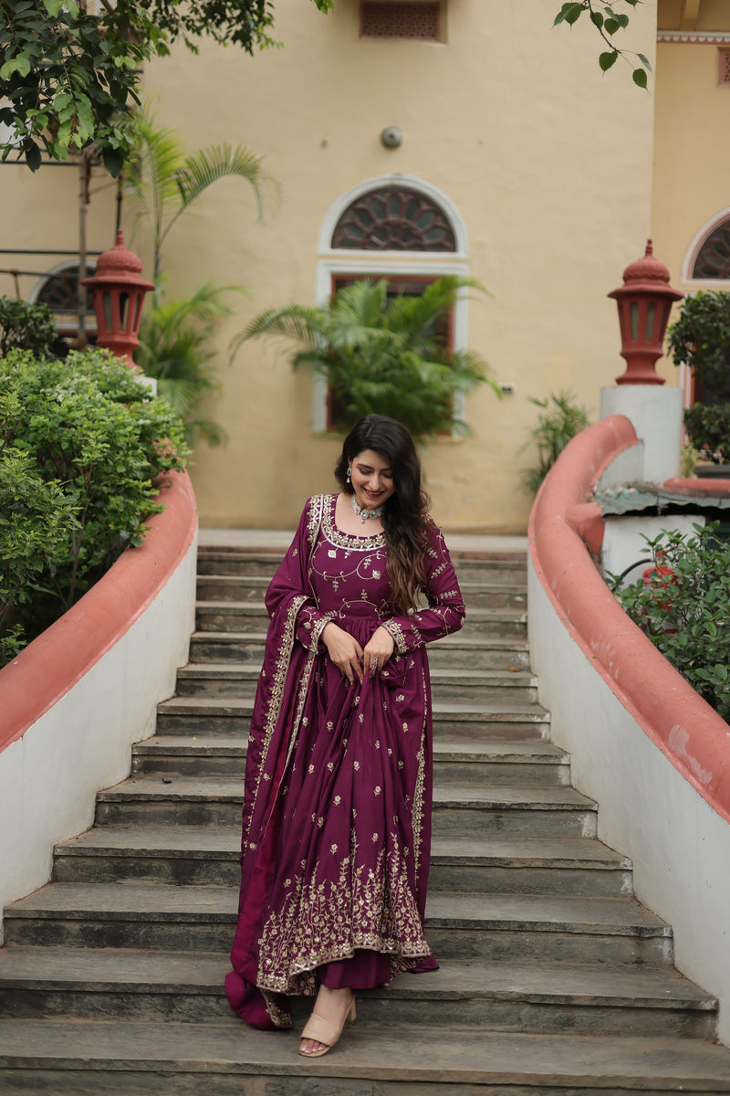 Chinon Wine Top with Sequins Embroidered Sharara & Dupatta – Elegant Full-Sleeve Set