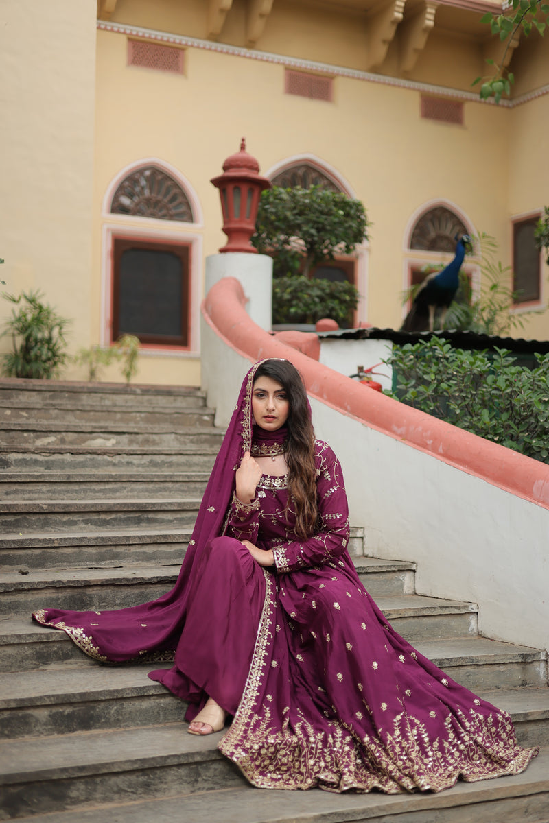 Chinon Wine Top with Sequins Embroidered Sharara & Dupatta – Elegant Full-Sleeve Set