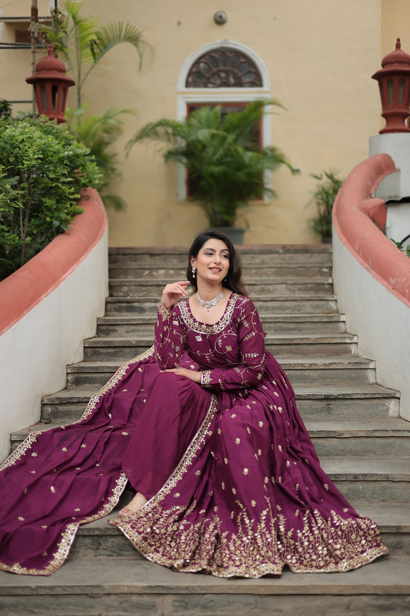 Chinon Wine Top with Sequins Embroidered Sharara & Dupatta – Elegant Full-Sleeve Set