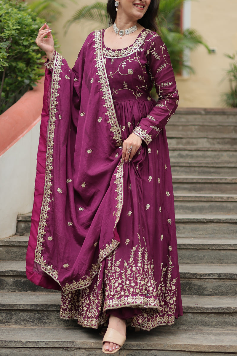 Chinon Wine Top with Sequins Embroidered Sharara & Dupatta – Elegant Full-Sleeve Set