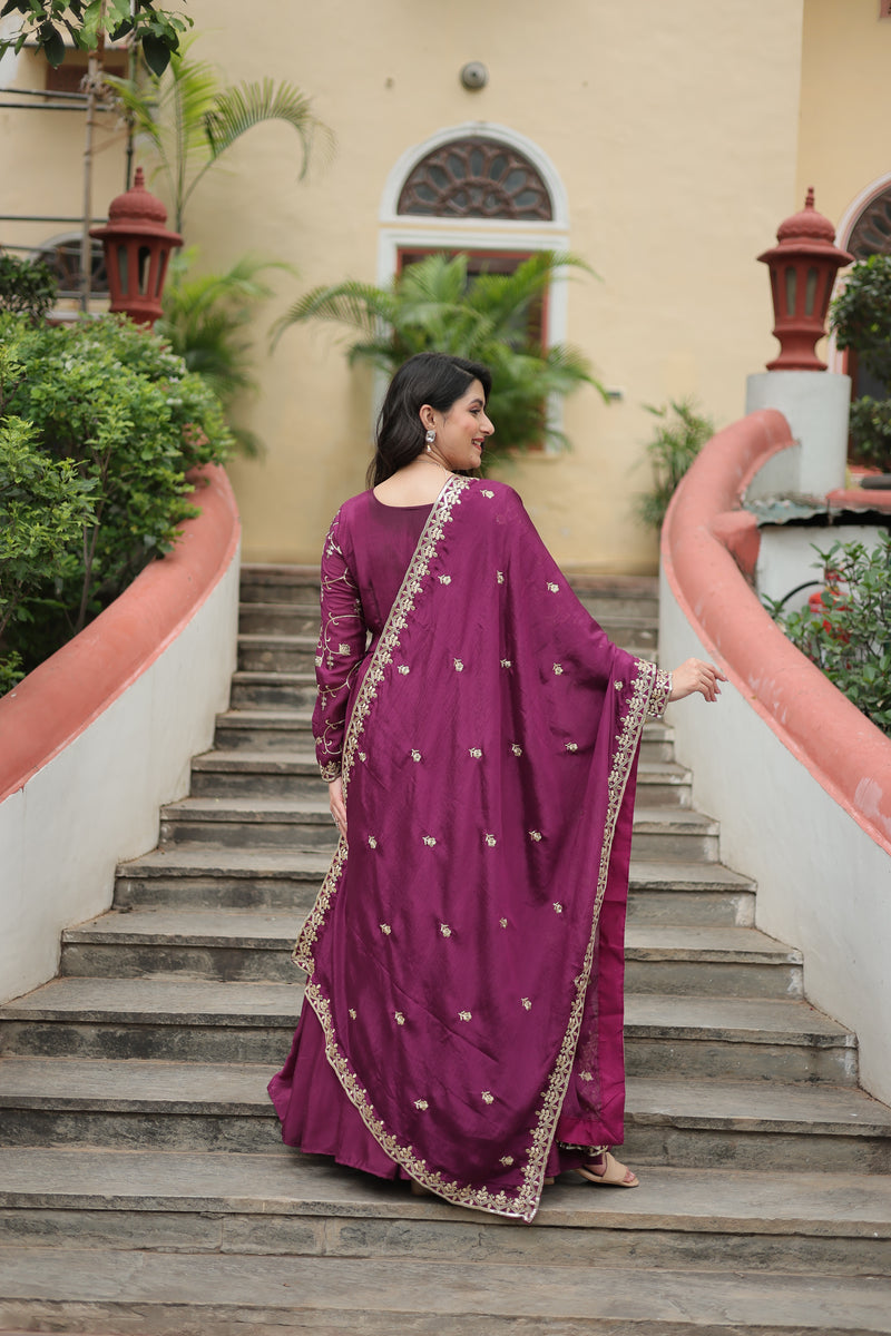 Chinon Wine Top with Sequins Embroidered Sharara & Dupatta – Elegant Full-Sleeve Set