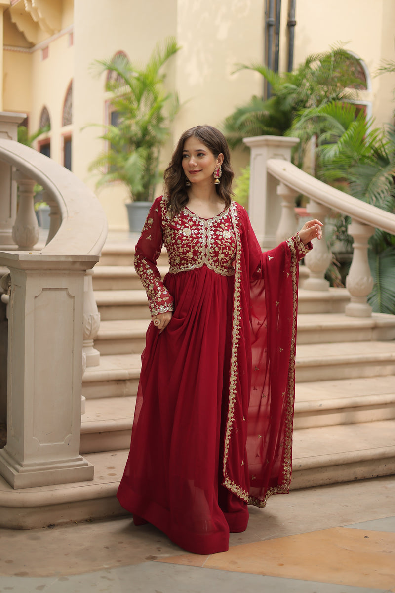 Faux Blooming Maroon Gown with Sequins & Zari Embroidered Work – Elegant Full-Sleeve Flair