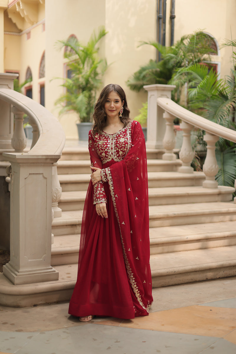 Faux Blooming Maroon Gown with Sequins & Zari Embroidered Work – Elegant Full-Sleeve Flair