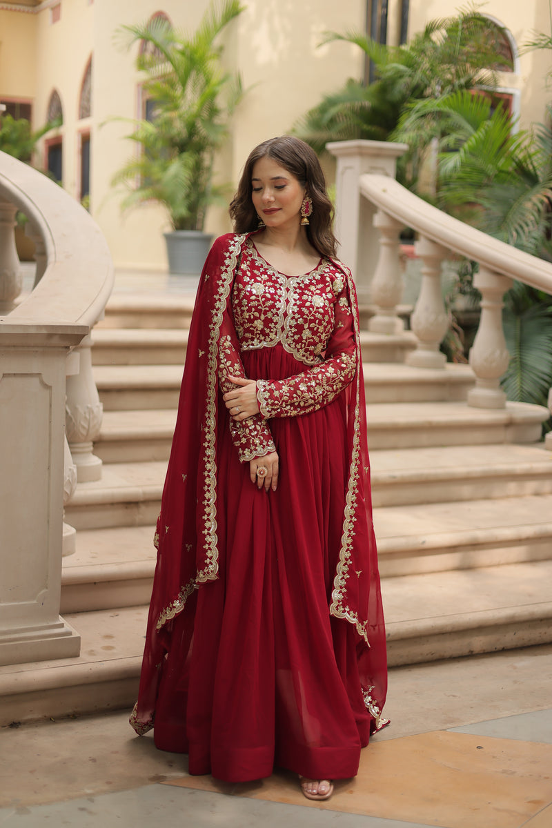 Faux Blooming Maroon Gown with Sequins & Zari Embroidered Work – Elegant Full-Sleeve Flair