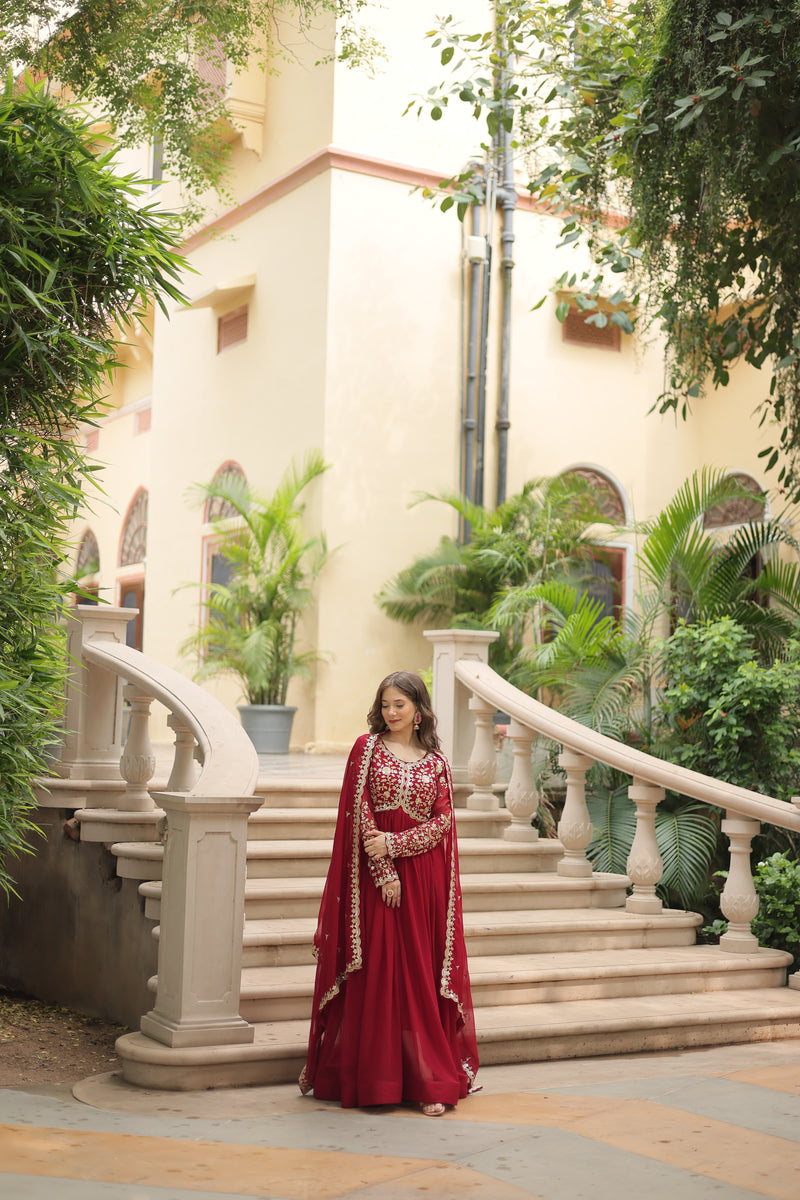 Faux Blooming Maroon Gown with Sequins & Zari Embroidered Work – Elegant Full-Sleeve Flair