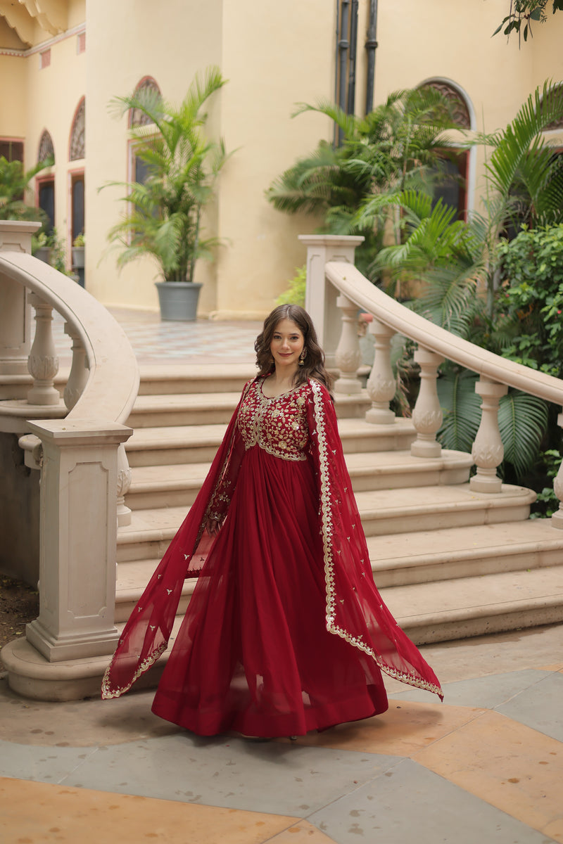 Faux Blooming Maroon Gown with Sequins & Zari Embroidered Work – Elegant Full-Sleeve Flair