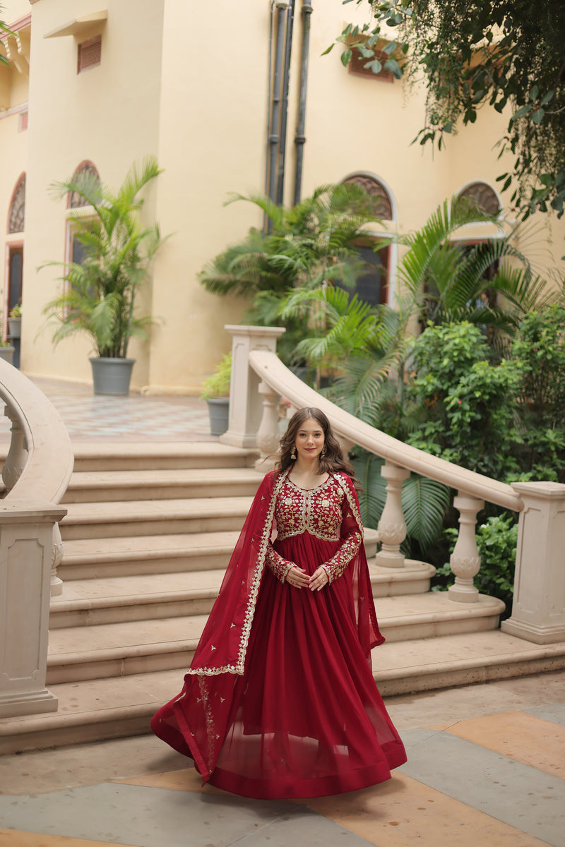 Faux Blooming Maroon Gown with Sequins & Zari Embroidered Work – Elegant Full-Sleeve Flair