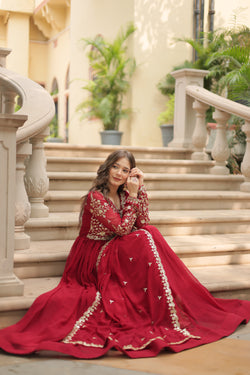 Faux Blooming Maroon Gown with Sequins & Zari Embroidered Work – Elegant Full-Sleeve Flair