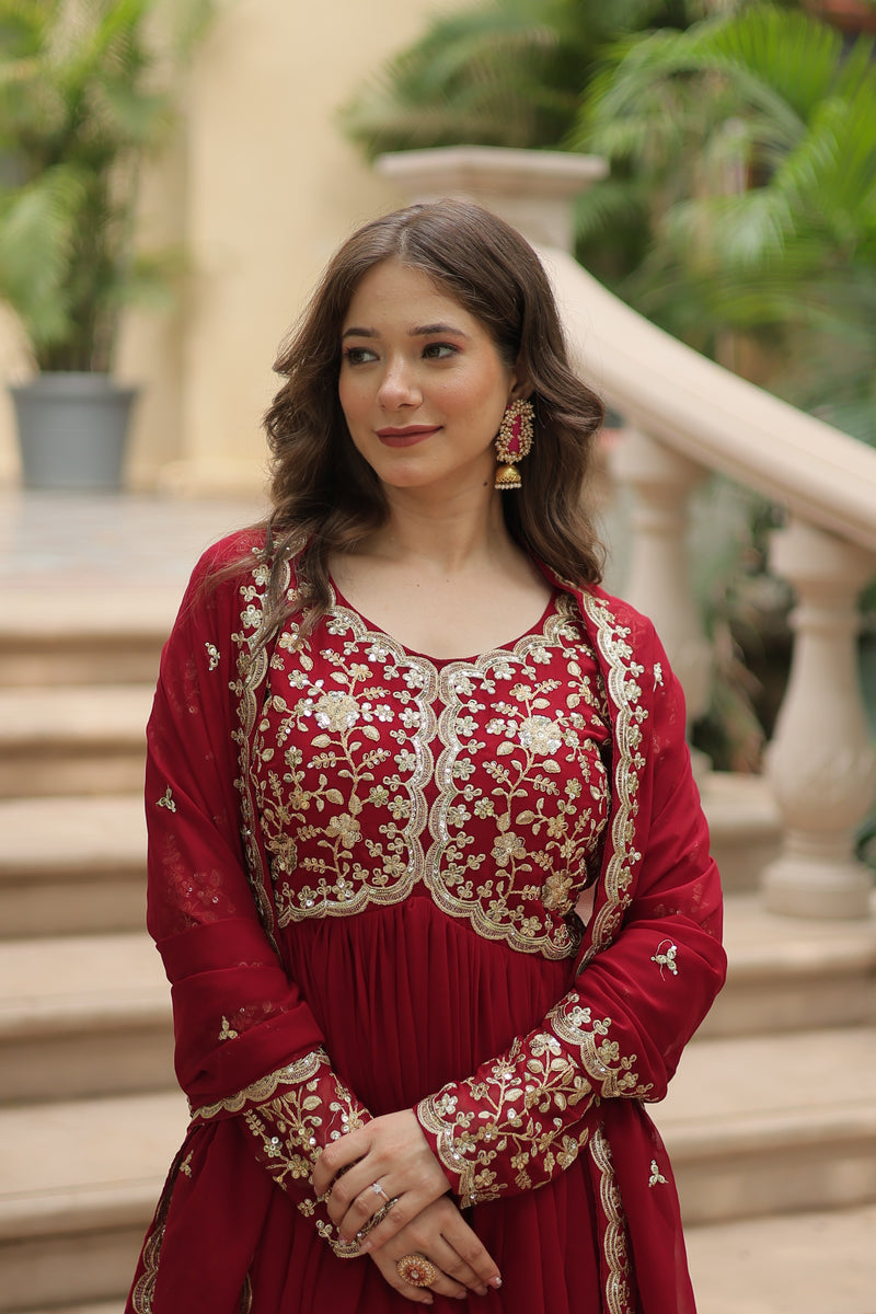 Faux Blooming Maroon Gown with Sequins & Zari Embroidered Work – Elegant Full-Sleeve Flair