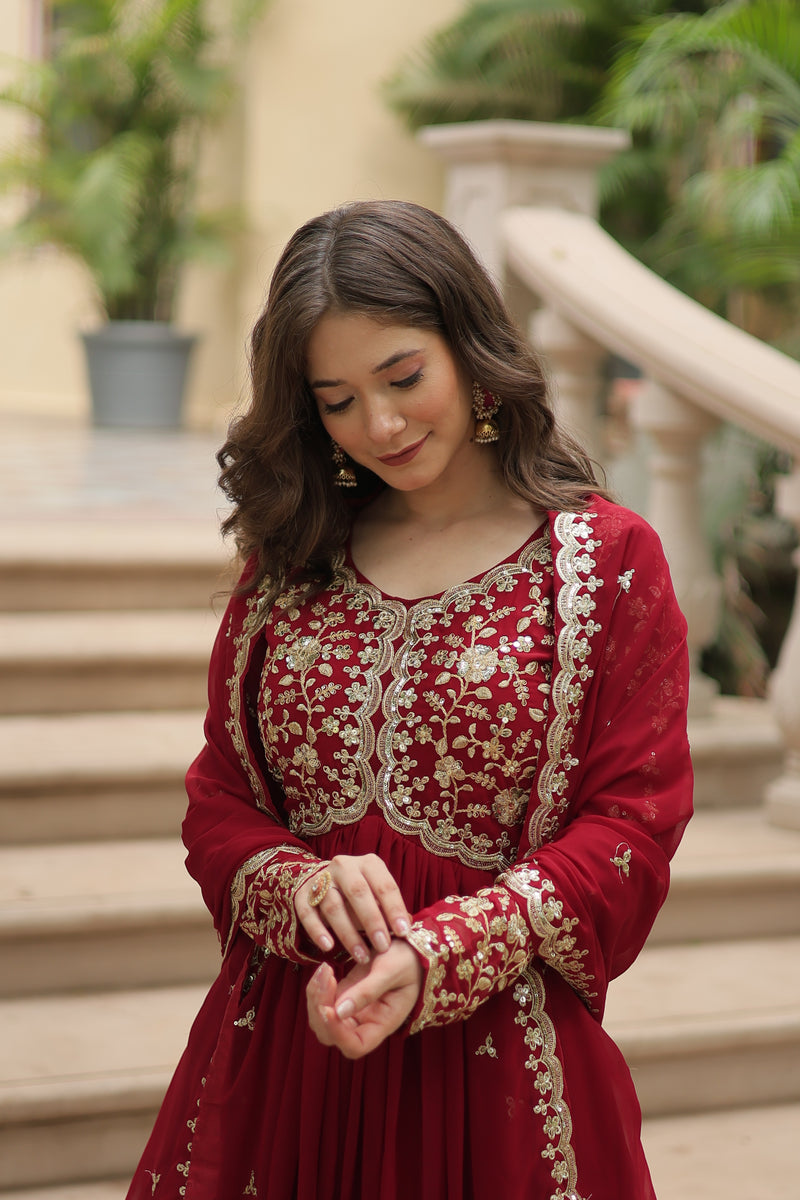 Faux Blooming Maroon Gown with Sequins & Zari Embroidered Work – Elegant Full-Sleeve Flair