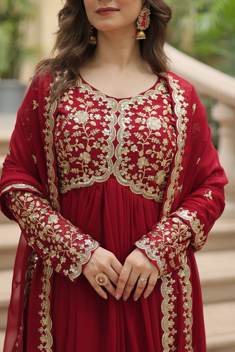 Faux Blooming Maroon Gown with Sequins & Zari Embroidered Work – Elegant Full-Sleeve Flair