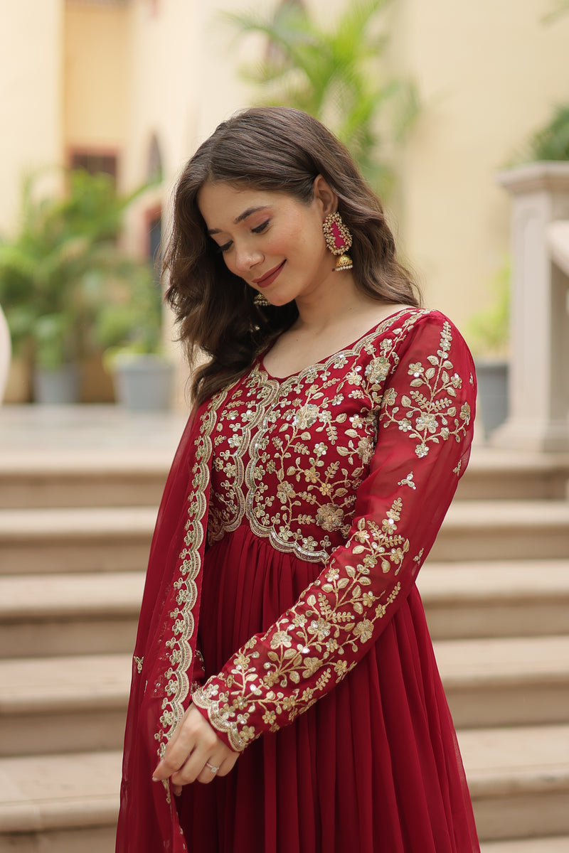 Faux Blooming Maroon Gown with Sequins & Zari Embroidered Work – Elegant Full-Sleeve Flair