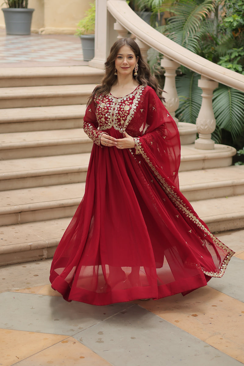 Faux Blooming Maroon Gown with Sequins & Zari Embroidered Work – Elegant Full-Sleeve Flair