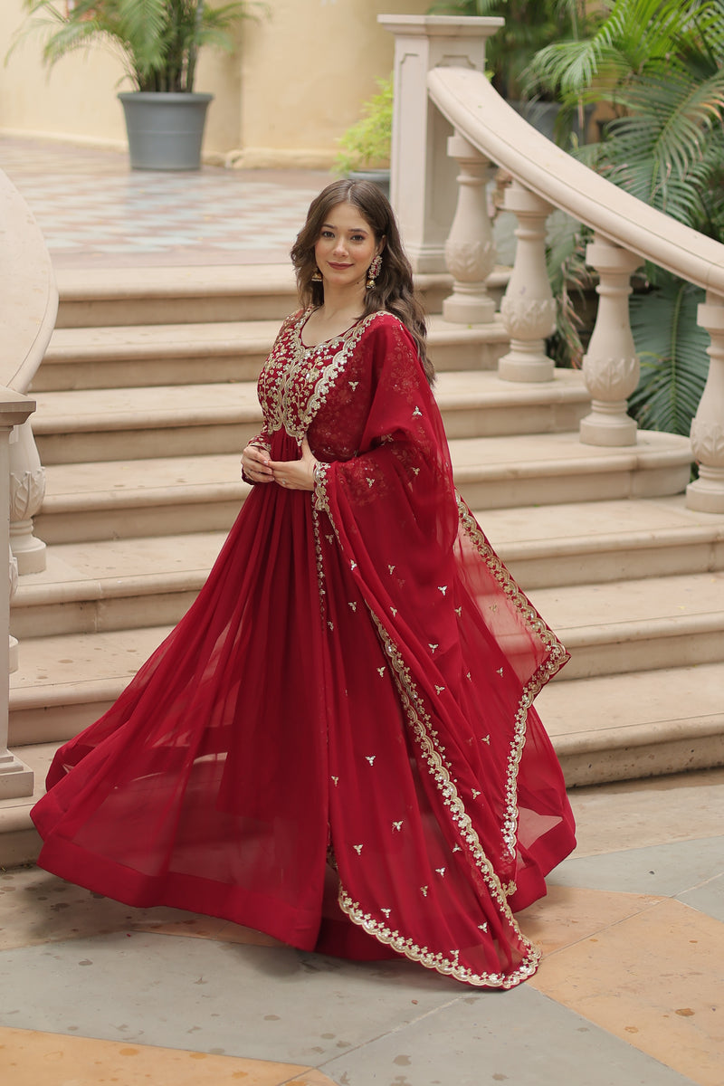 Faux Blooming Maroon Gown with Sequins & Zari Embroidered Work – Elegant Full-Sleeve Flair