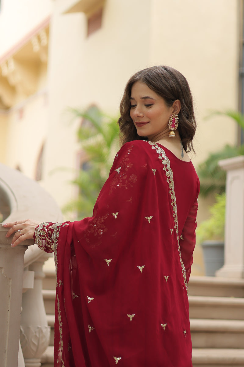 Faux Blooming Maroon Gown with Sequins & Zari Embroidered Work – Elegant Full-Sleeve Flair