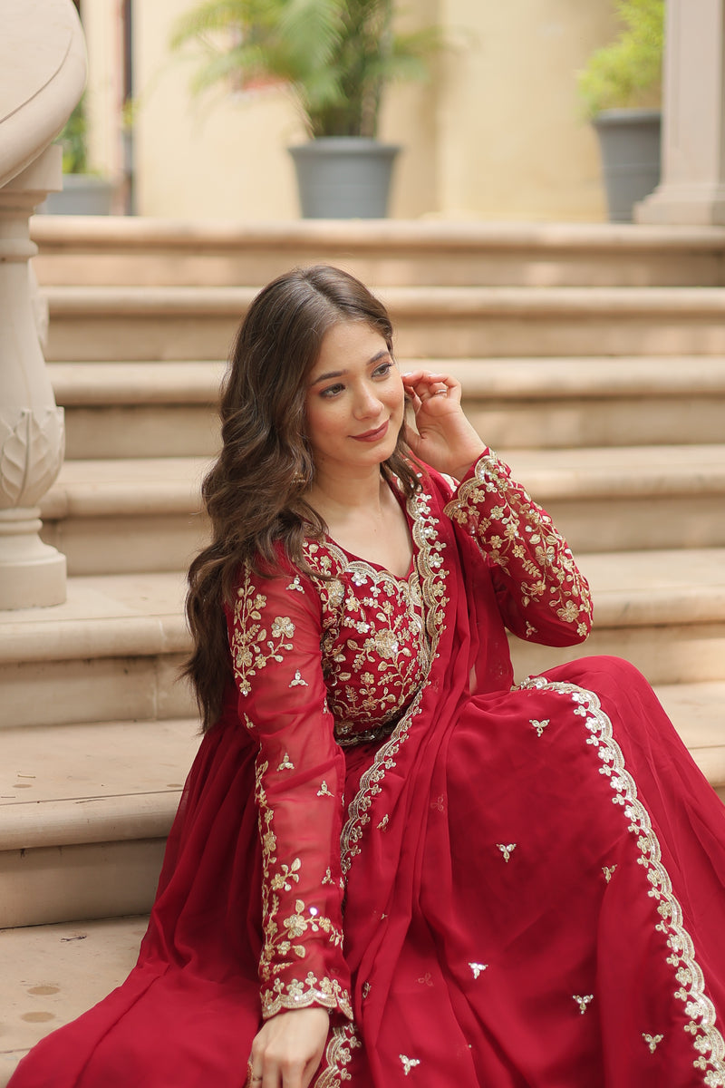 Faux Blooming Maroon Gown with Sequins & Zari Embroidered Work – Elegant Full-Sleeve Flair