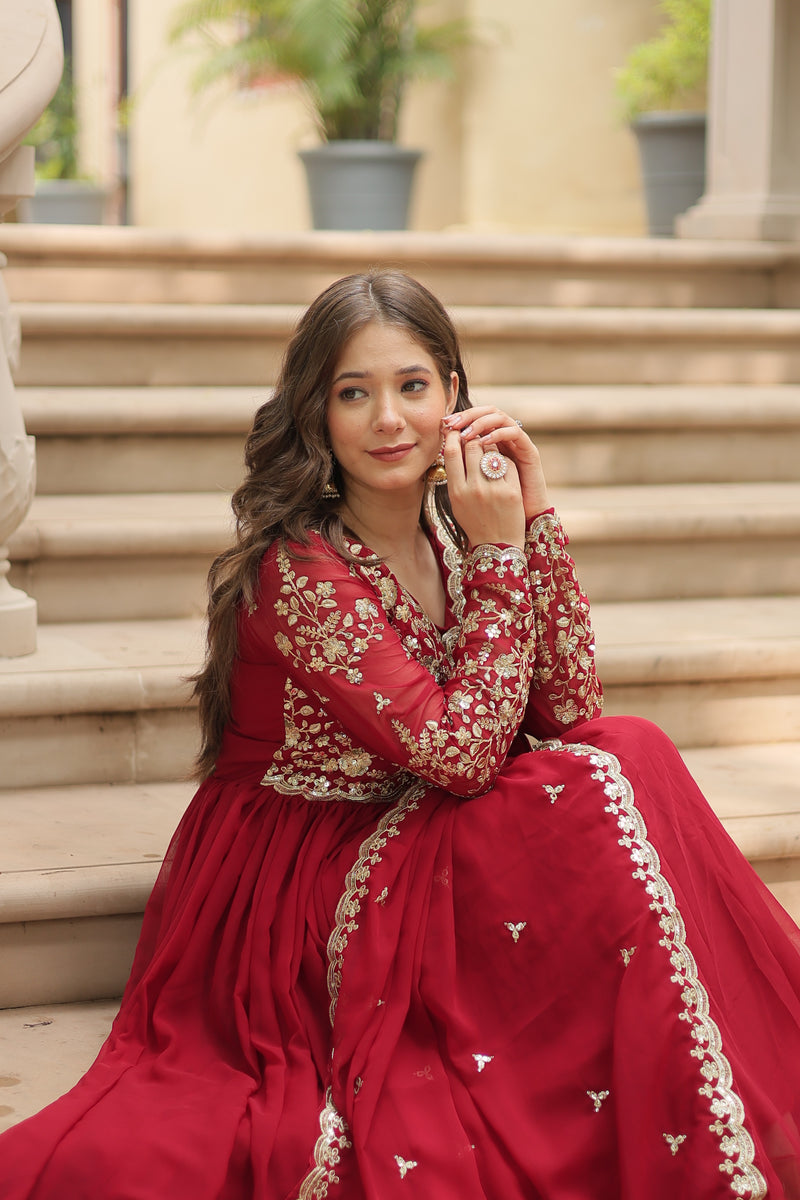 Faux Blooming Maroon Gown with Sequins & Zari Embroidered Work – Elegant Full-Sleeve Flair