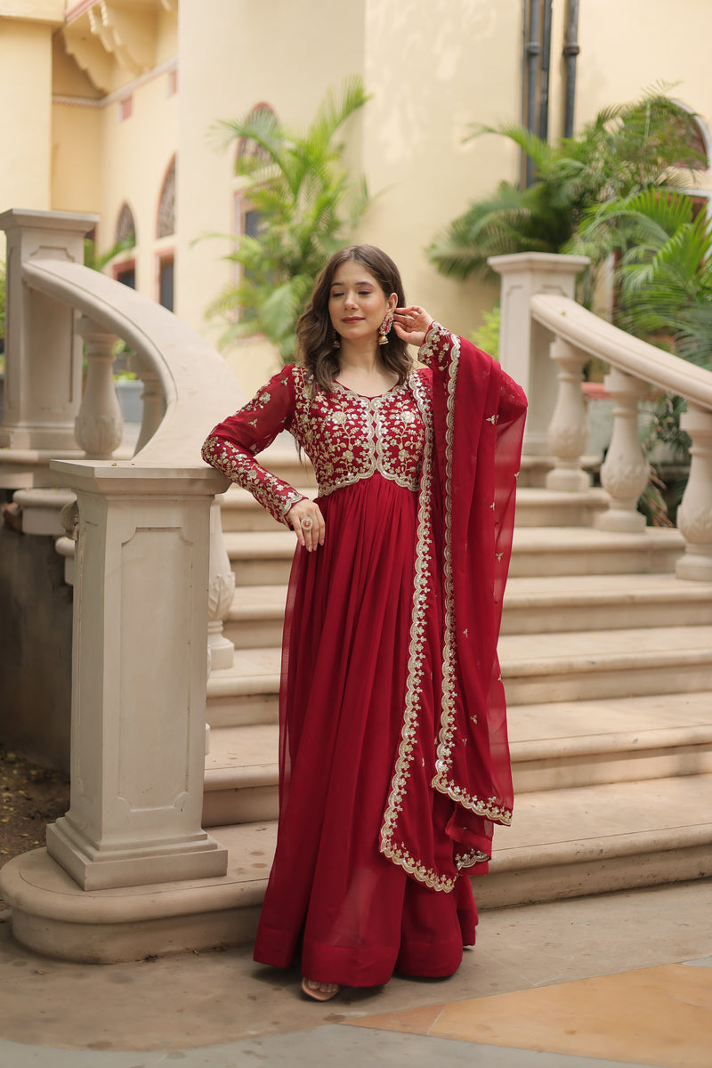 Faux Blooming Maroon Gown with Sequins & Zari Embroidered Work – Elegant Full-Sleeve Flair