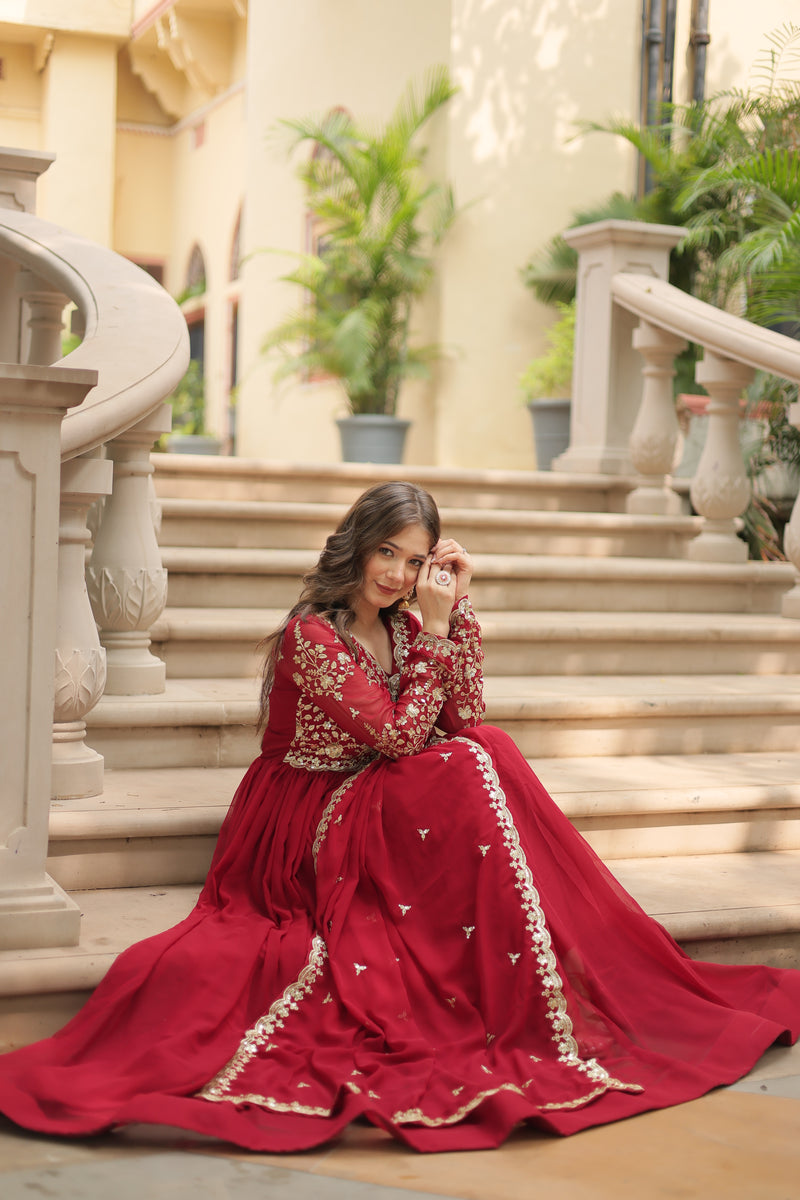 Faux Blooming Maroon Gown with Sequins & Zari Embroidered Work – Elegant Full-Sleeve Flair