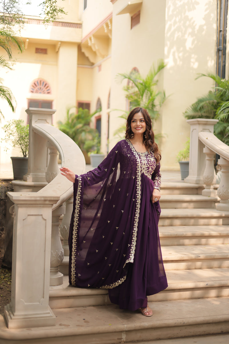 Faux Blooming Wine Gown with Sequins & Zari Embroidered Work – Elegant Full-Sleeve Flair