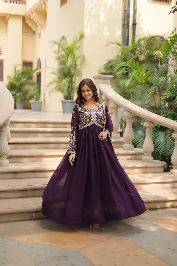 Faux Blooming Wine Gown with Sequins & Zari Embroidered Work – Elegant Full-Sleeve Flair