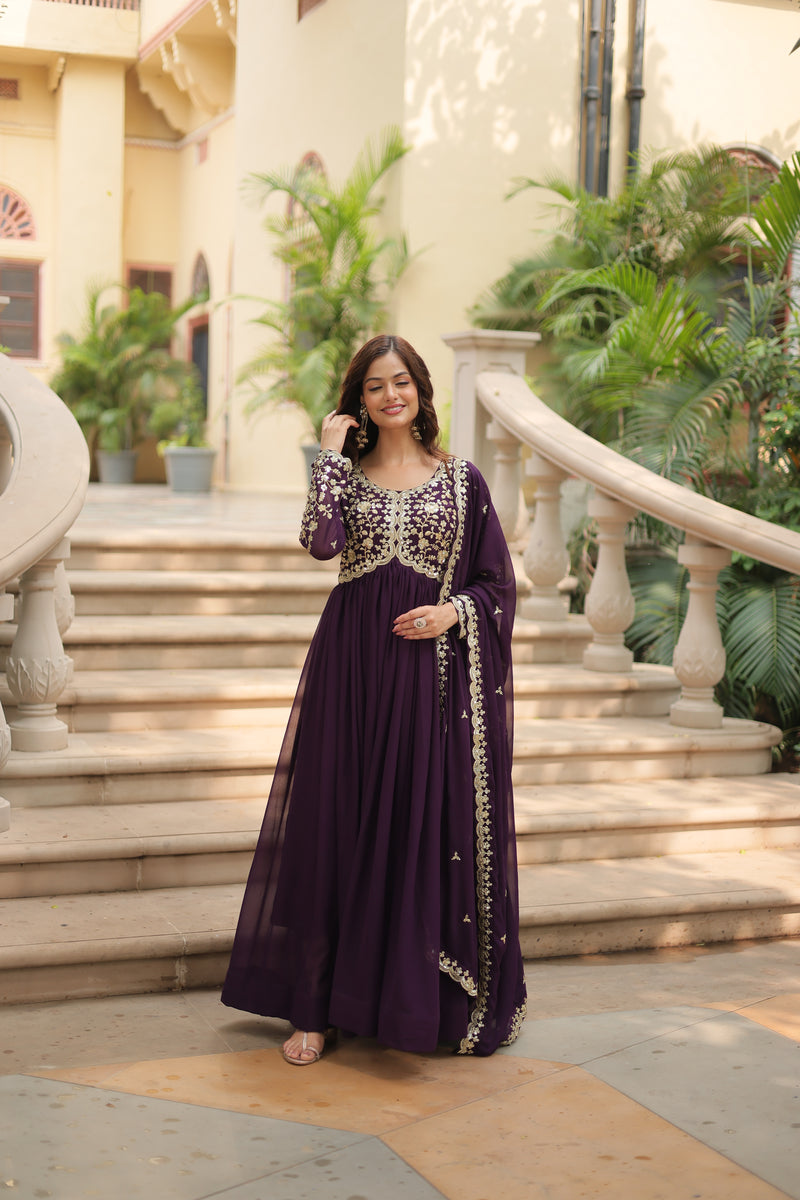 Faux Blooming Wine Gown with Sequins & Zari Embroidered Work – Elegant Full-Sleeve Flair