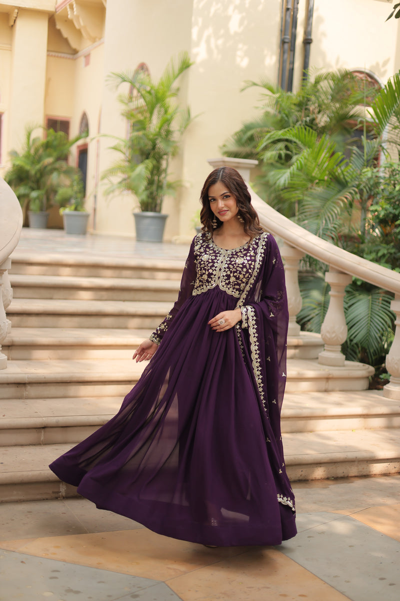 Faux Blooming Wine Gown with Sequins & Zari Embroidered Work – Elegant Full-Sleeve Flair