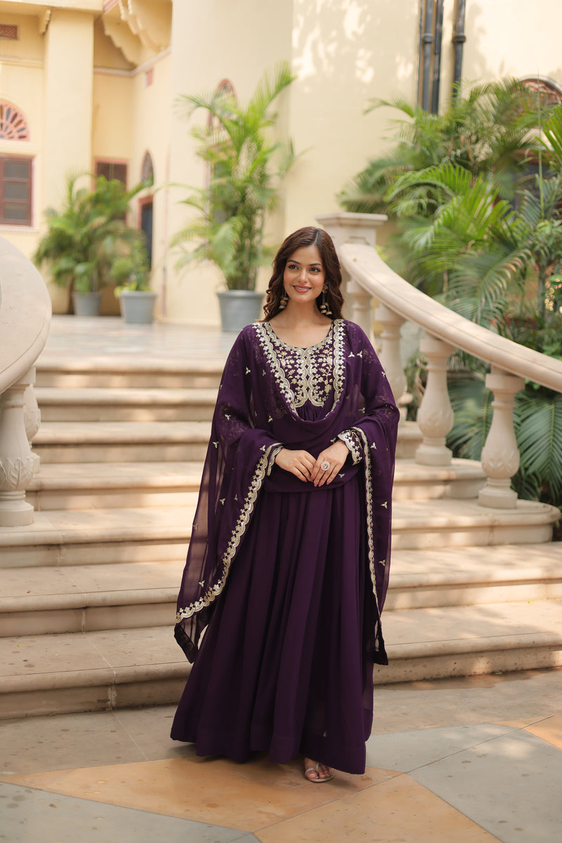 Faux Blooming Wine Gown with Sequins & Zari Embroidered Work – Elegant Full-Sleeve Flair