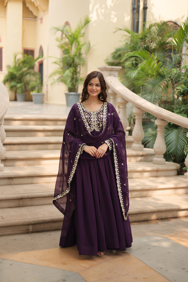 Faux Blooming Wine Gown with Sequins & Zari Embroidered Work – Elegant Full-Sleeve Flair