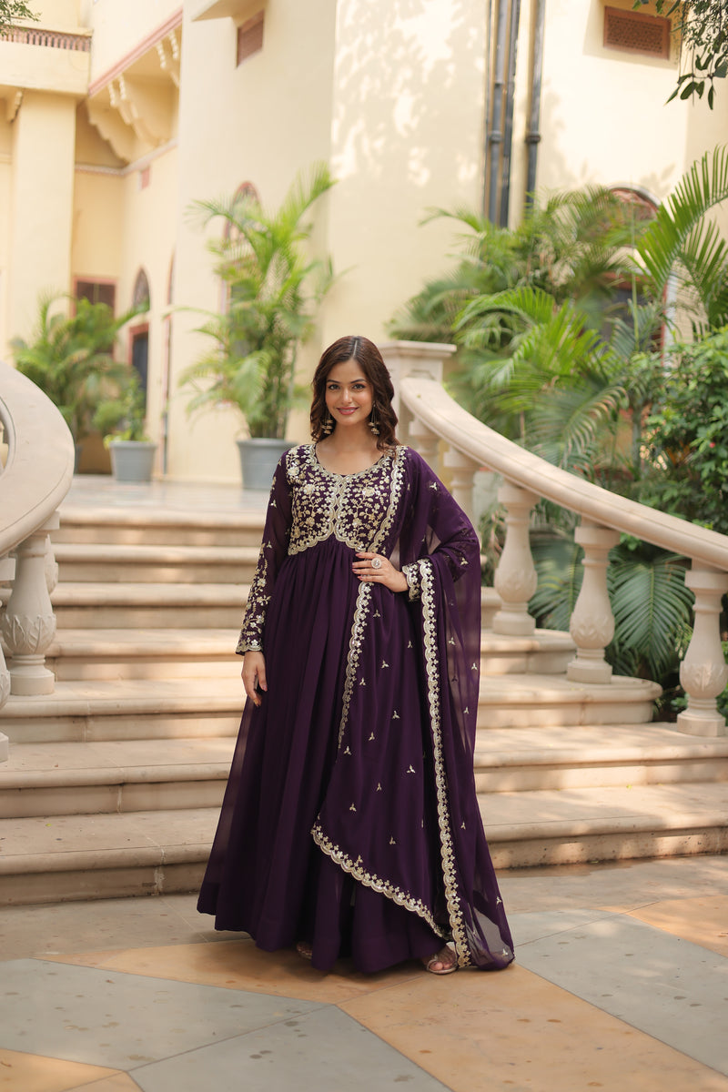 Faux Blooming Wine Gown with Sequins & Zari Embroidered Work – Elegant Full-Sleeve Flair